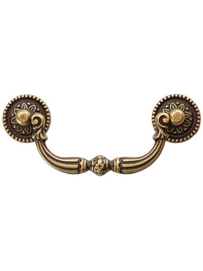 Beaded Flower Post Bail Pull - 3.78 inch Center-to-Center in Antique Brass Dark.
